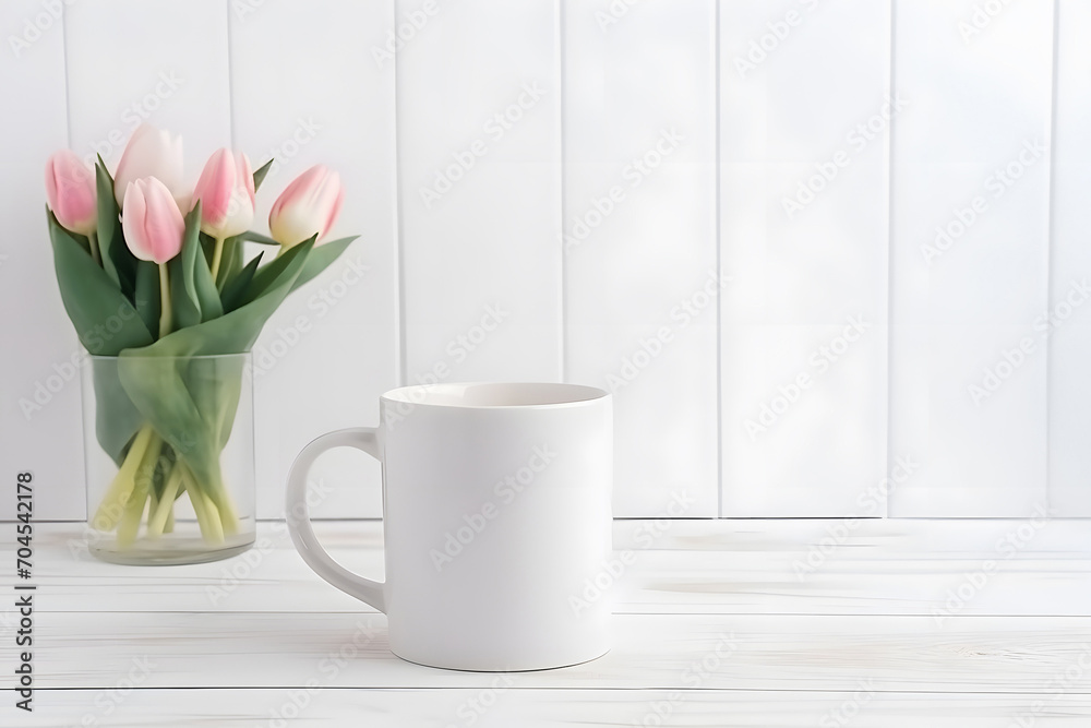 Mug mockup showing empty white mug with bouquet of tulip flowers with white wall with copy space Mug mockup showing empty white mug with bouquet of tulip flowers with white wall with copy space