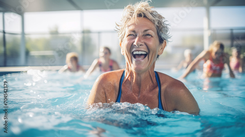 An elderly woman on a beautiful sunny day in the pool with her friends and with an incredibly joyful expression actively spends her free time despite her age #704542379