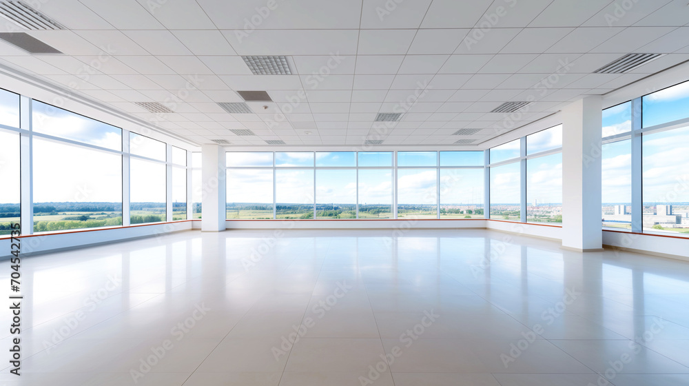 Obraz premium Empty office space. Image for advertising the rental and purchase of offices. Columns, floor tiles, panoramic glazing. Beautiful view of the city and nature. Sunny day.