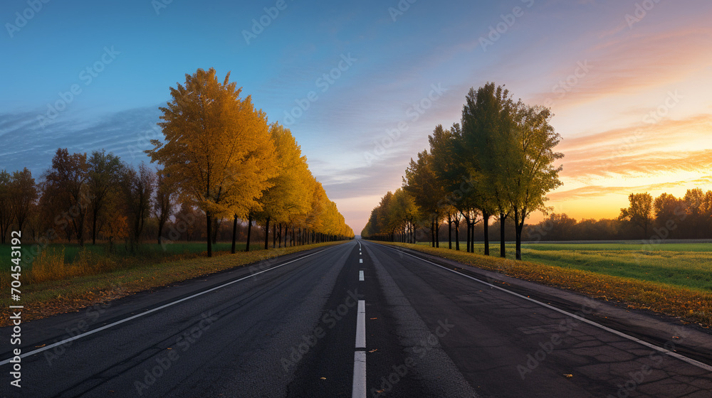 Obraz premium Morning view where are two colours on the road on two sides, AI Generative.