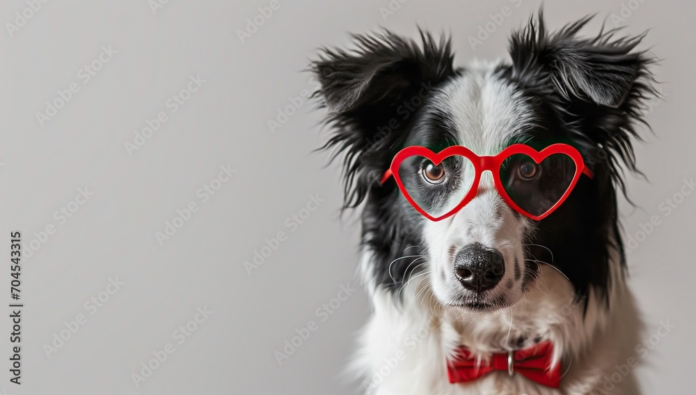 Funny portrait of puppy dog border collie wearing red heart shaped glasses isolated on grey background. Love and valentines day concept - obrazy, fototapety, plakaty 
