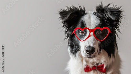 Funny portrait of puppy dog border collie wearing red heart shaped glasses isolated on grey background. Love and valentines day concept photo