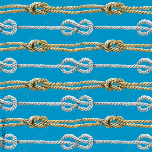 Seamless pattern of rope cords with knots eight knots. Hand drawn illustration. Nautical thread whipcord with loop and noose. Hand painted watercolor on blue background. Print, wrapping, crafting.