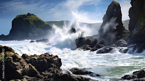 A coastal view with waves crashing against rugged cliffs, creating a dramatic spray of sea foam.