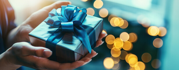 woman holding wrapped gift box in hands with blue ribbon. banner with copy space
