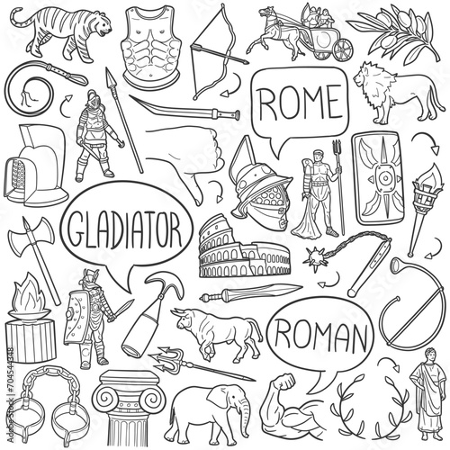 Gladiator Doodle Icons Black and White Line Art. Roman Empire Clipart Hand Drawn Symbol Design.