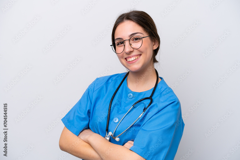 surgeon doctor woman holding tools isolated on white background with arms crossed and looking forward surgeon doctor woman holding tools isolated on white background with arms crossed and looking forward