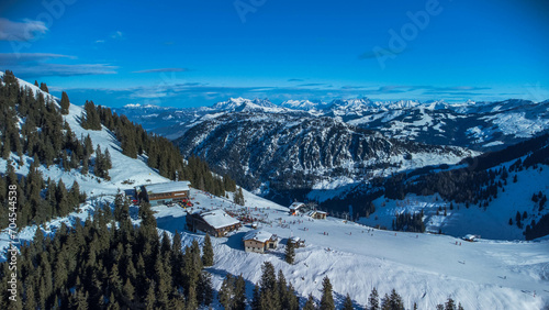 Skiwelt ski resort in Austrian alps, Brixen im Thale, aerial view, Austria