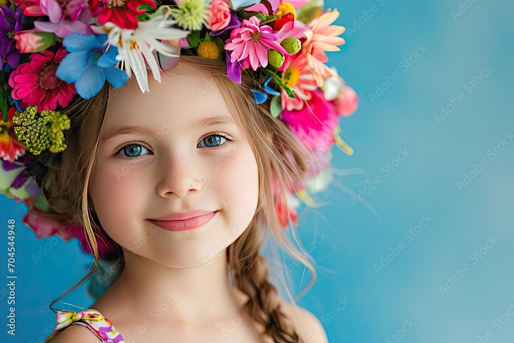 Charming little girl in wreath of flowers on blue background. Beauty and tenderness concept. Spring elegance. Springtime and Easter holidays. Childhood, сute kid Charming little girl in wreath of flowers on blue background. Beauty and tenderness concept. Spring elegance. Springtime and Easter holidays. Childhood, сute kid
