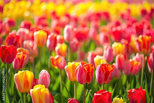 Field with red, pink, orange and purple flowers and green stems in bright sunlight. Beauty in nature. Close-up of many tulips in spring time. Springtime beauty, Easter holidays concept