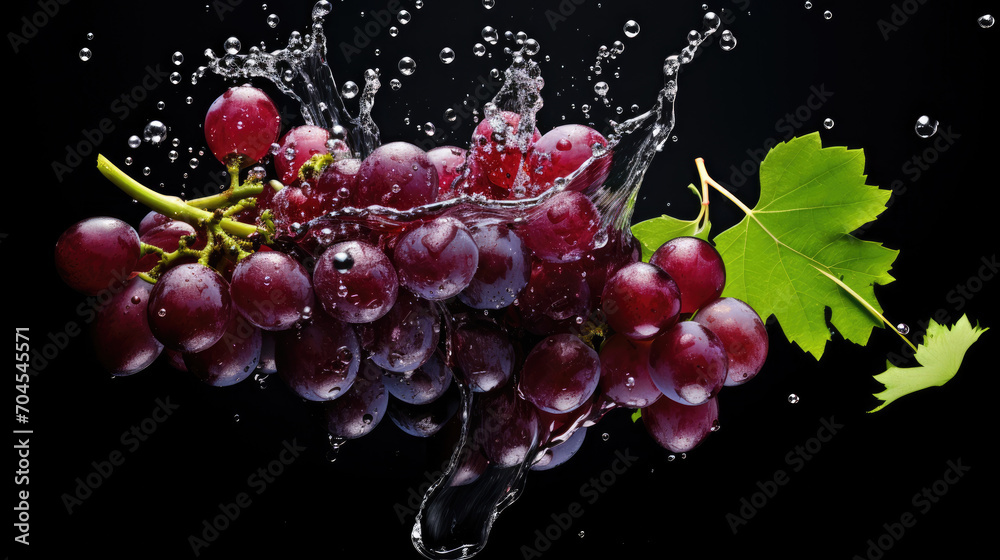 Smooth Fresh Ripe Purple Grapes falling into the water and splashing Smooth Fresh Ripe Purple Grapes falling into the water and splashing