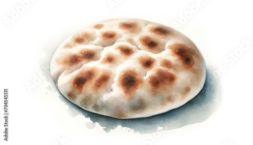 Watercolor painting of Pita bread, with soft, muted colors and a slightly smudged effect on a white background. 