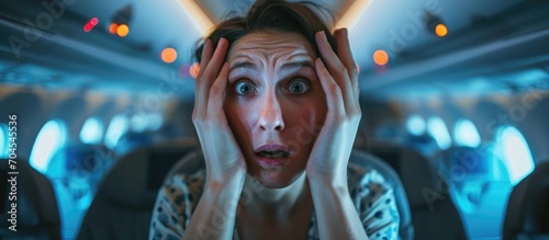 Passenger's face shows fear and anxiety due to aerophobia, avoiding flying and having panic attack.