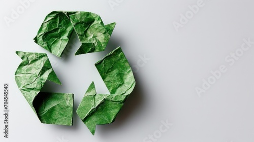 Recycling symbol from crumpled green paper on a white background photo