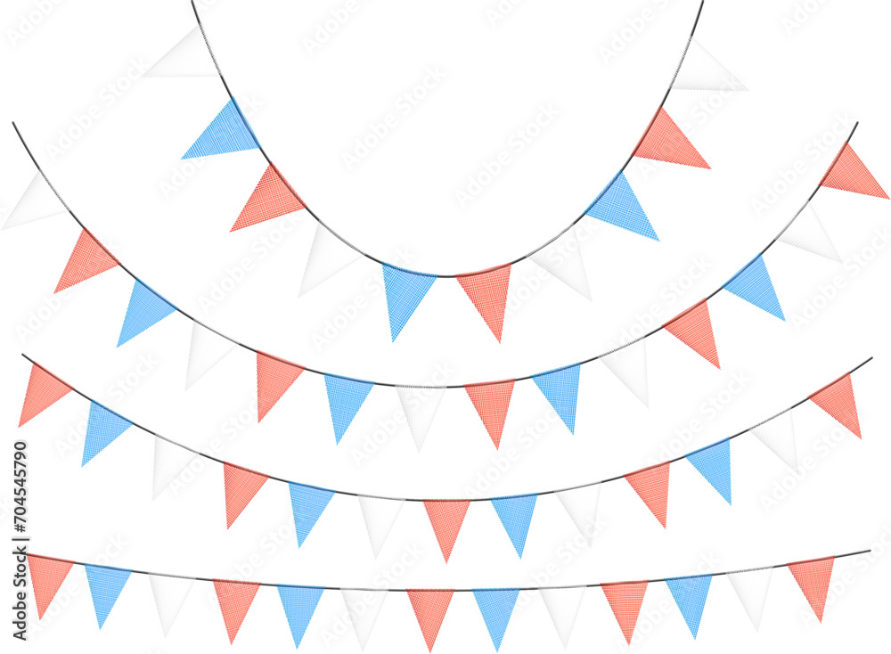 Fototapeta premium Red and blue bunting garlands with flags made of shredded pieces of fabric. Decorative multicolored party pennants for festival, party celebration.