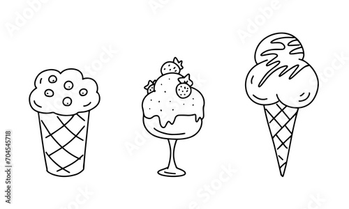 A ice cream in a waffle cup. Delicious food, summer lactic dessert. Cartoon vector illustration doodle. Black and white outline sketch