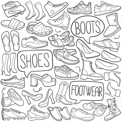Footwear Doodle Icons Black and White Line Art. Shoes Clipart Hand Drawn Symbol Design.
