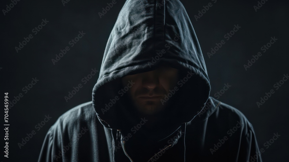 Visual representation of hacking and information protection through an image of a hooded man with a covered face against a black background. Visual representation of hacking and information protection through an image of a hooded man with a covered face against a black background.