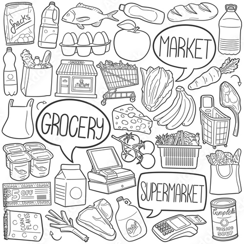 Grocery Doodle Icons Black and White Line Art. Supermarket Clipart Hand Drawn Symbol Design.