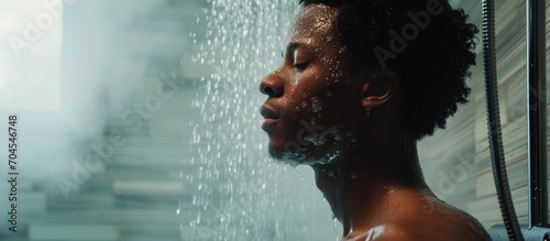 Young African-American man showers in modern bathroom, facing hot water jets, relaxed. photo