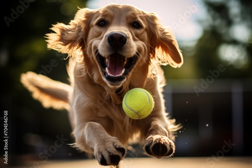Dog playing with a tennis ball outdoors