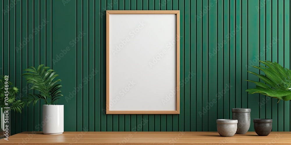 Render mockup of poster frame in kitchen with green wooden slatted wall background.