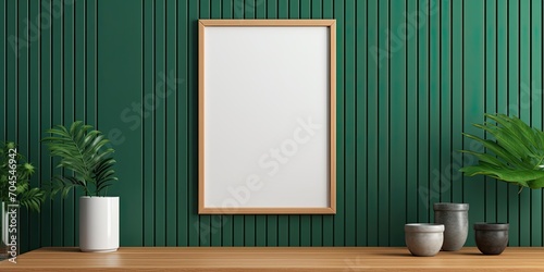 Obraz na płótnie Render mockup of poster frame in kitchen with green wooden slatted wall background. w salonie