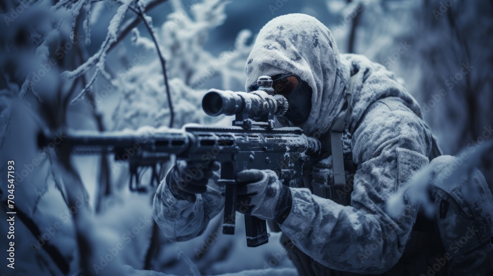 Sniper in the winter forest. Neural network AI generated art