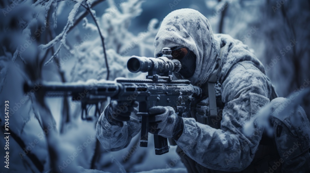 Sniper in the winter forest. Neural network AI generated art Sniper in the winter forest. Neural network AI generated art