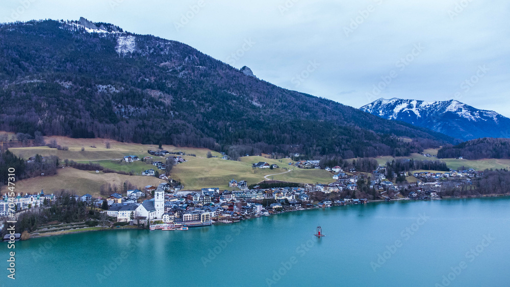 Aerial view at the lake and Sankt Wolfgang im Salzkammergut in Germany