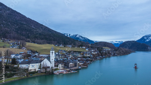 Aerial view at the lake and Sankt Wolfgang im Salzkammergut in Germany