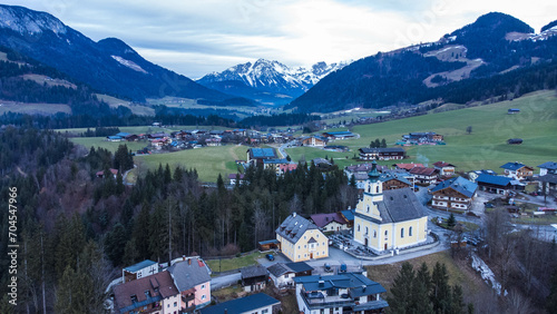 Aerial view over small mountain town Itter in Austrian Alps