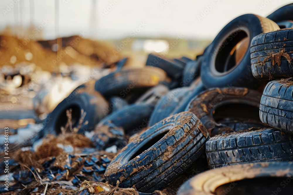 Landfill for recycling wornout car tires. Stacked old using tires on