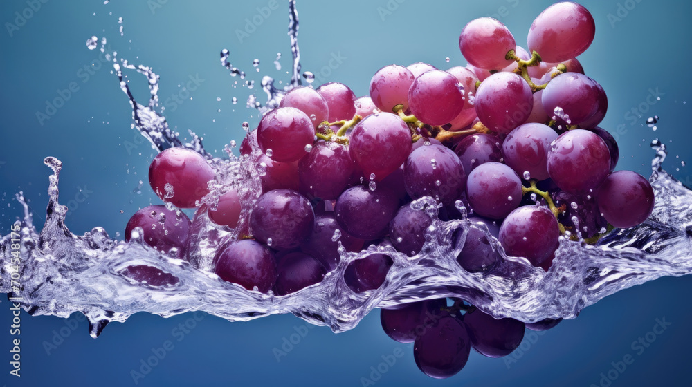 Smooth Fresh Ripe Purple Grapes falling into the water and splashing