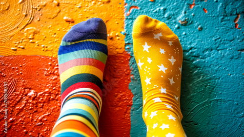 legs in two different colorful socks on a colorful floor photo