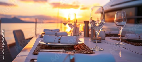 Luxury yacht table setting at sunset. photo