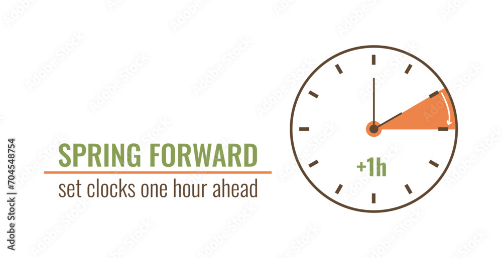 Spring Daylight Saving Time begins banner. Springtime Forward concept in flat style. Set clocks one hour Ahead in March. Hand of alarm turning to Summertime - obrazy, fototapety, plakaty 