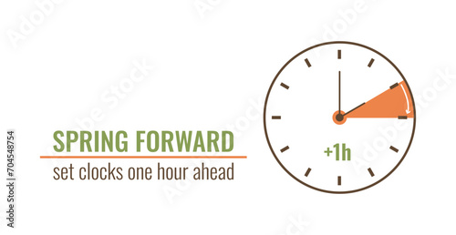 Spring Daylight Saving Time begins banner. Springtime Forward concept in flat style. Set clocks one hour Ahead in March. Hand of alarm turning to Summertime photo