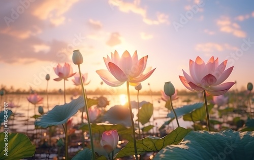 Lotus flowers in a pond during golden hour © Harry