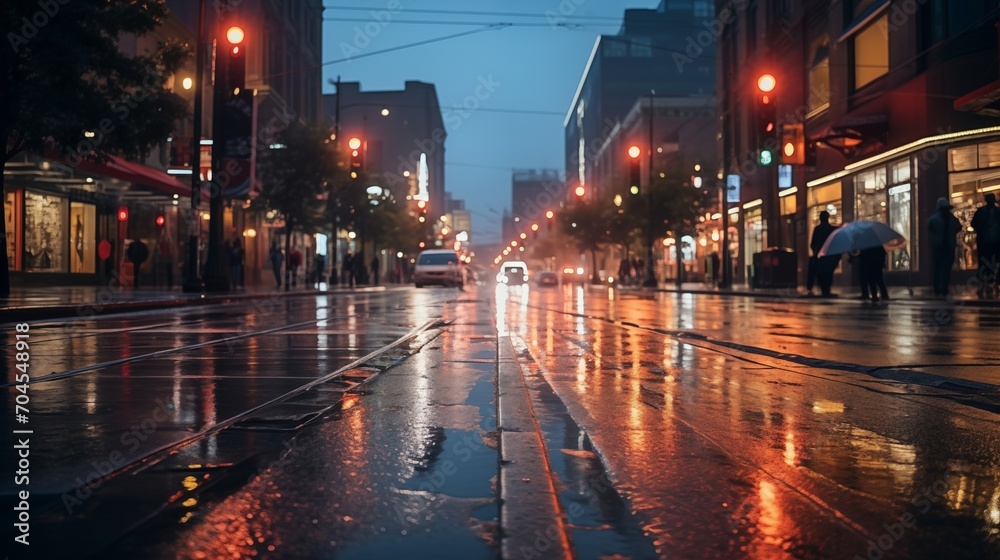 Night view of the city street during rainy day