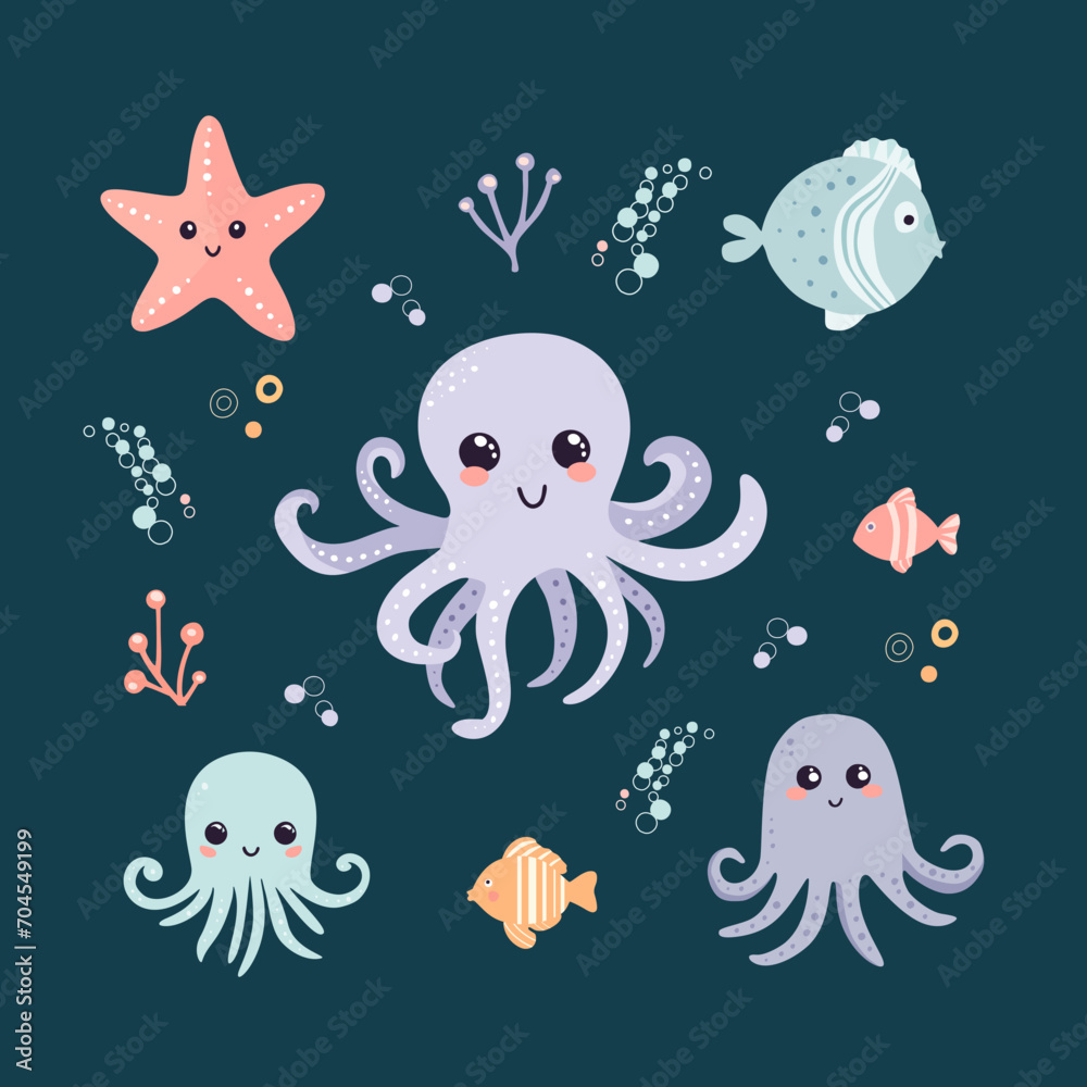 Fototapeta premium Set of clip art with cute sea inhabitants, starfish, octopus, fish on a white background. Awesome characters for children's textiles, clothing, cards and wallpaper.