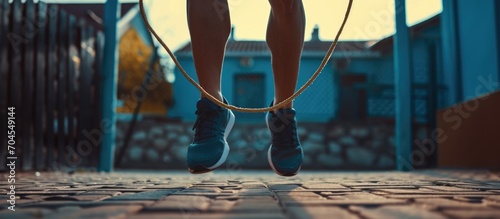 Skipping rope held by a strong man's legs. photo