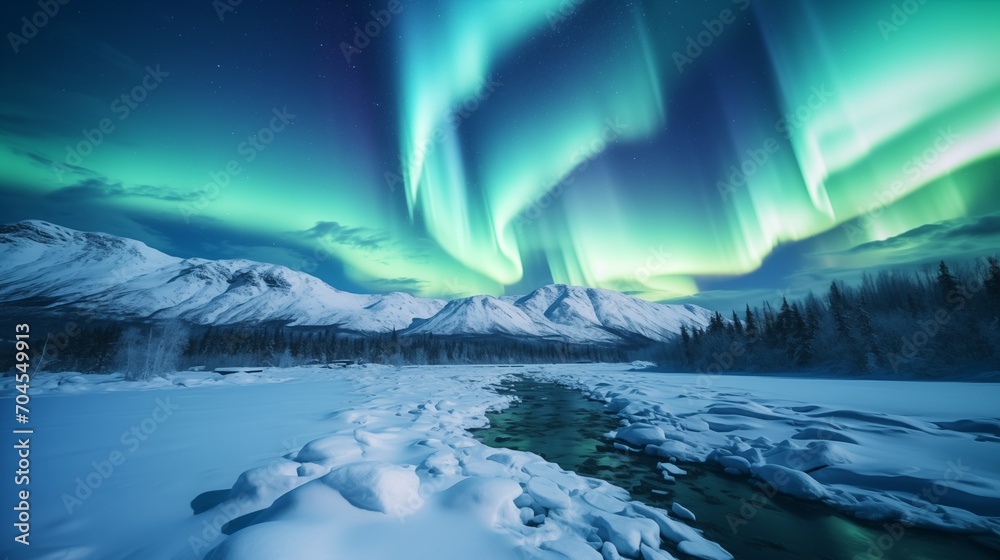 Aurora over the winter forest and glacier river