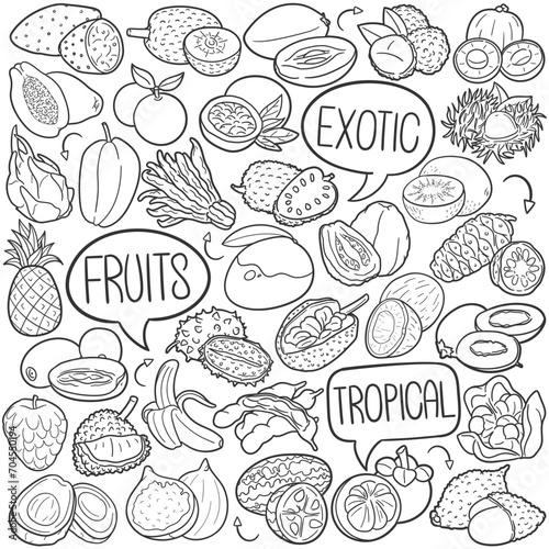Tropical Fruits Doodle Icons Black and White Line Art. Exotic Food Clipart Hand Drawn Symbol Design.