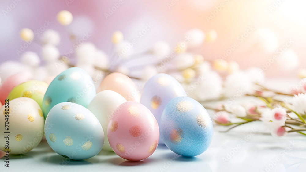 Easter eggs painted in pastel colors with spring flowers.