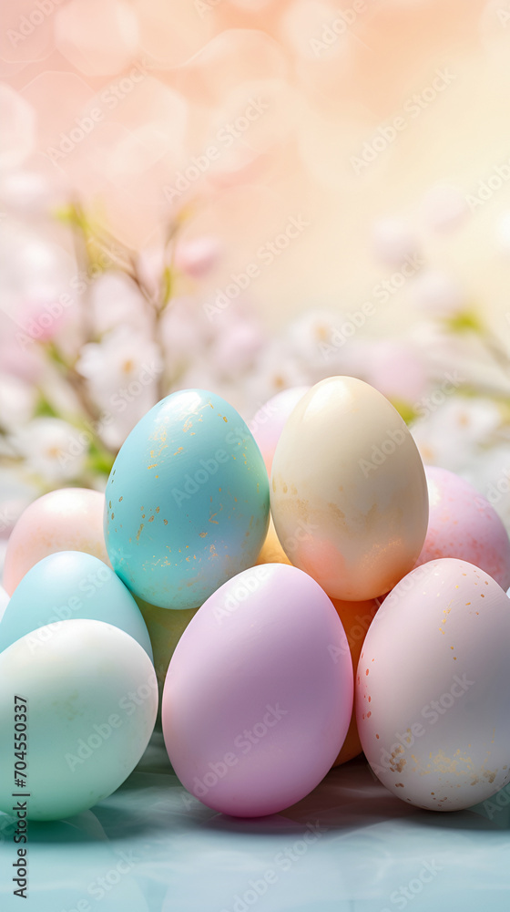 Easter eggs painted in pastel colors with spring flowers in the background.