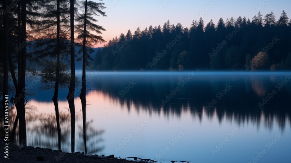 Tranquil lake in the forest during the blue hour