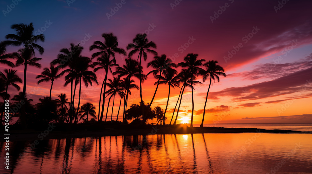 Silhouette of palm trees on the beach during sunset