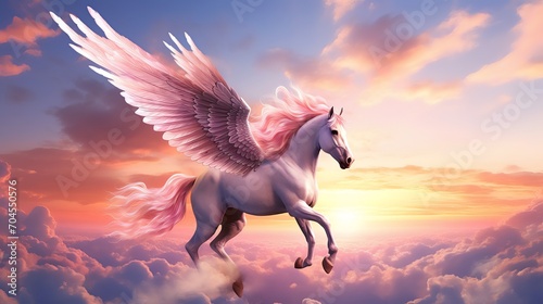 Pink Pegasus in the clouds at sunset