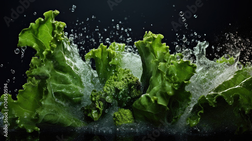 Smooth Fresh organic raw Kale leaf cabbage Vegetables falling into water and splashes created with Generative AI Technology